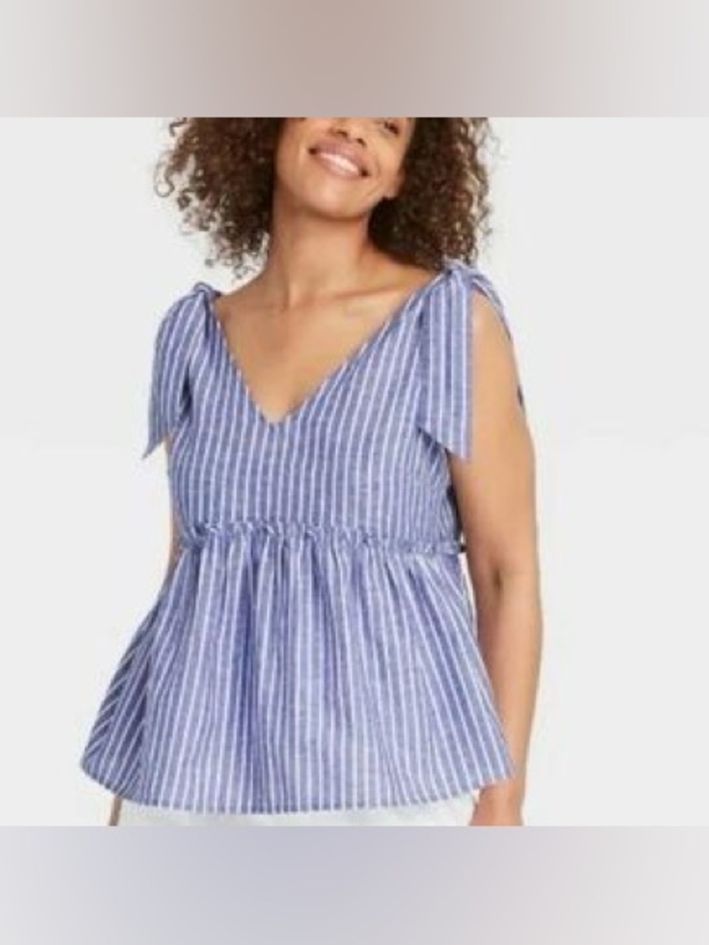 Who What Wear Blue and White Striped Tie-Shoulder Peplum Camisole Cotton Linen